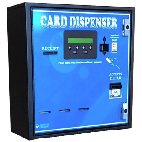 Front view of card dispensing machine with blue colored face decal