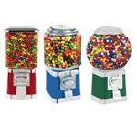 Red, blue and green table top gumball machines