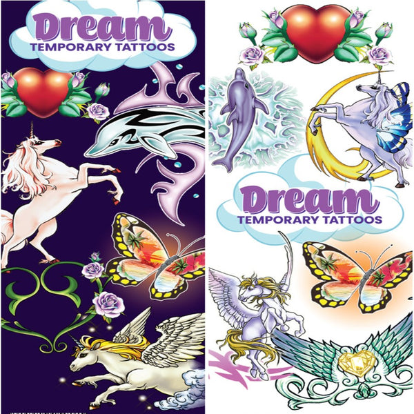 Purple and white display card for Dream temporary tattoos