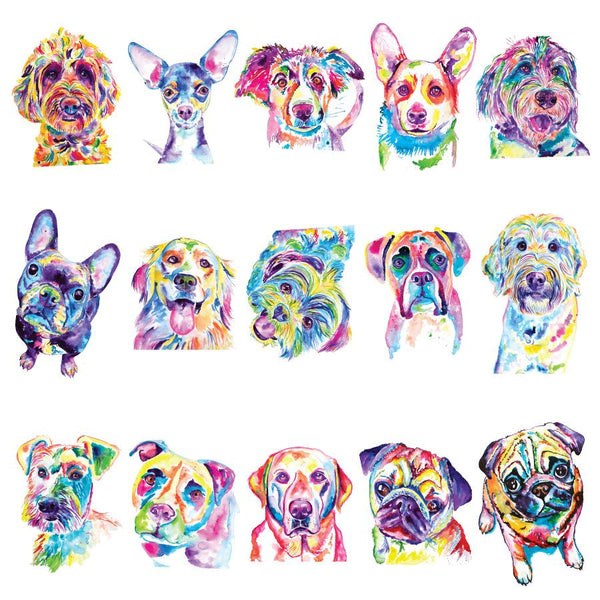 close up of cute dogs from Jenn Seeley Rainbow Dog stickers