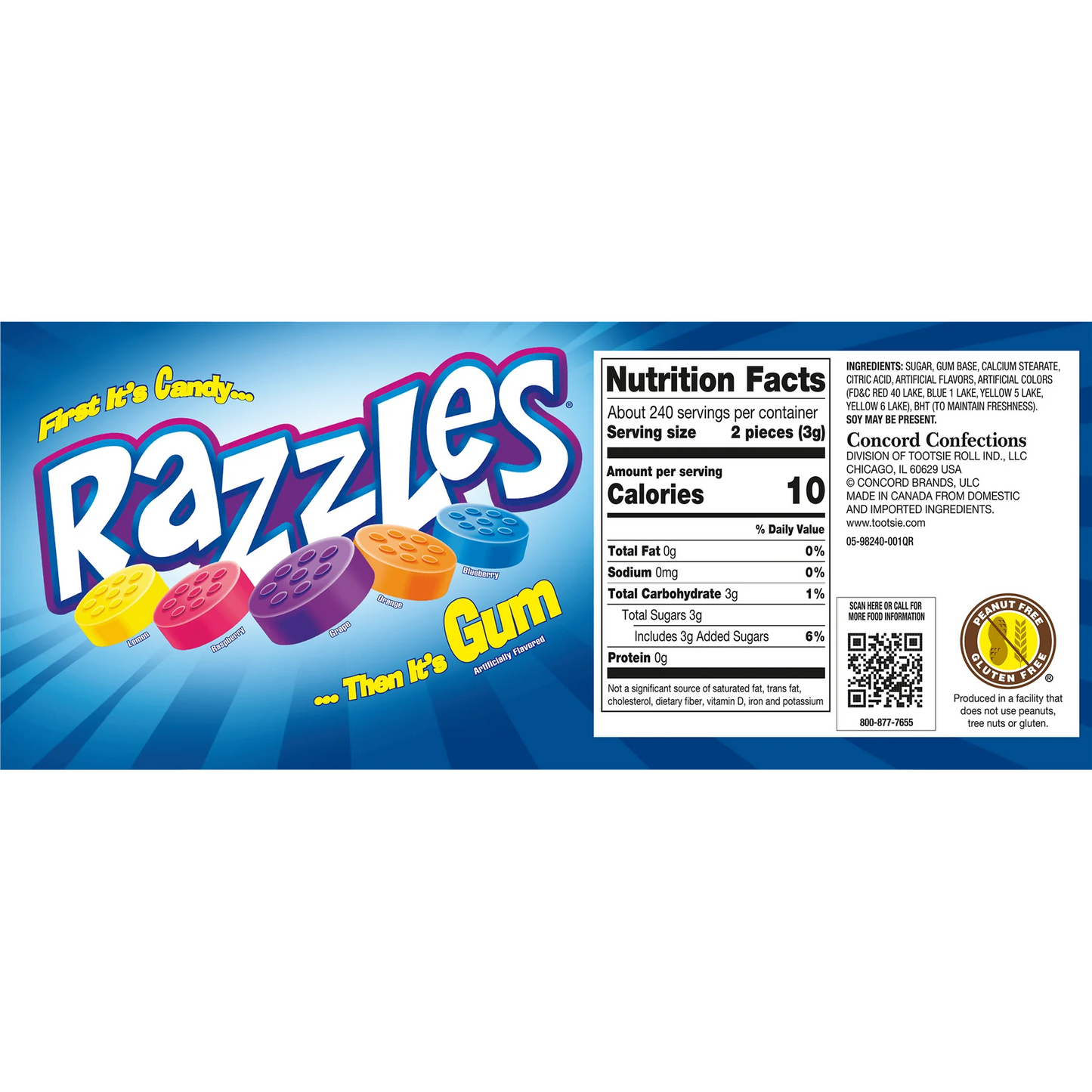 Razzles® 2-Piece Fun Size Packs (23.73 LB/3,000 Count) Product Label Back Nutrition Facts
