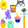 Close up view of bitty buddy pencil toppers in 8 different designs