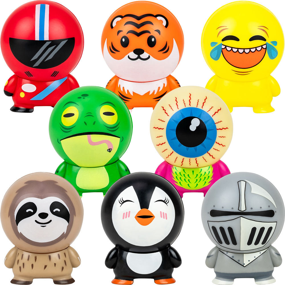 Close up view of the sloth, a tiger, a laughing emoji, a race car driver, a knight, a snacking frog, an eyeball monster, and a happy penguin