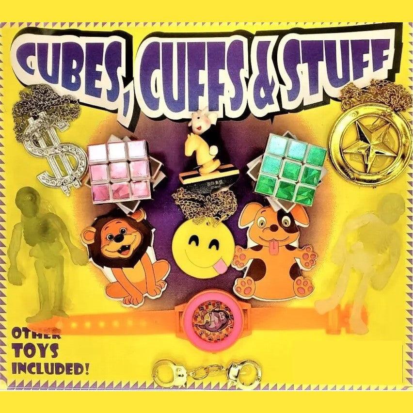 yellow display card for Cubes Cuffs & Stuff