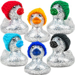 Rubber Glitter Ducks with Knit Caps 2in