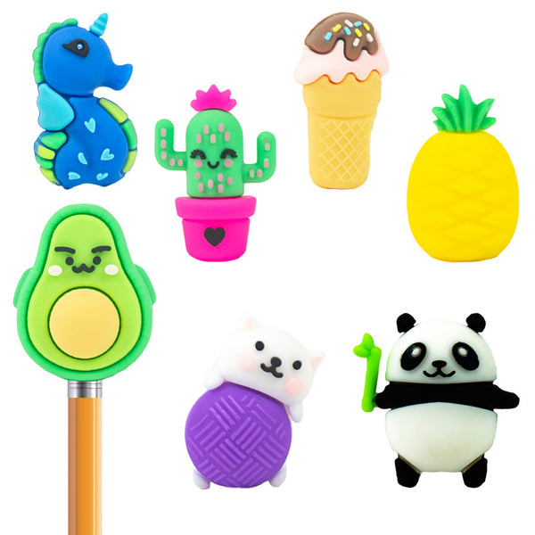 Close up view of pencil toppers with Bitty Buddy characters including panda, unicorn, happy cactus, avocado, ice cream, pineapple