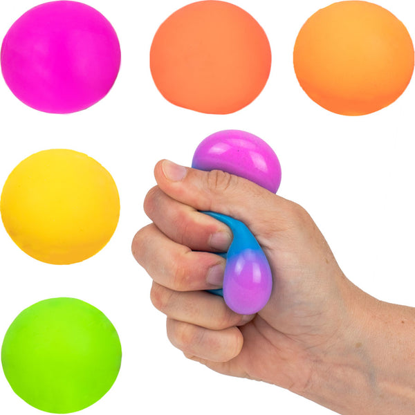 Color changing squooshers close up in the colors pink, dark orange, orange, yellow, blue and green.