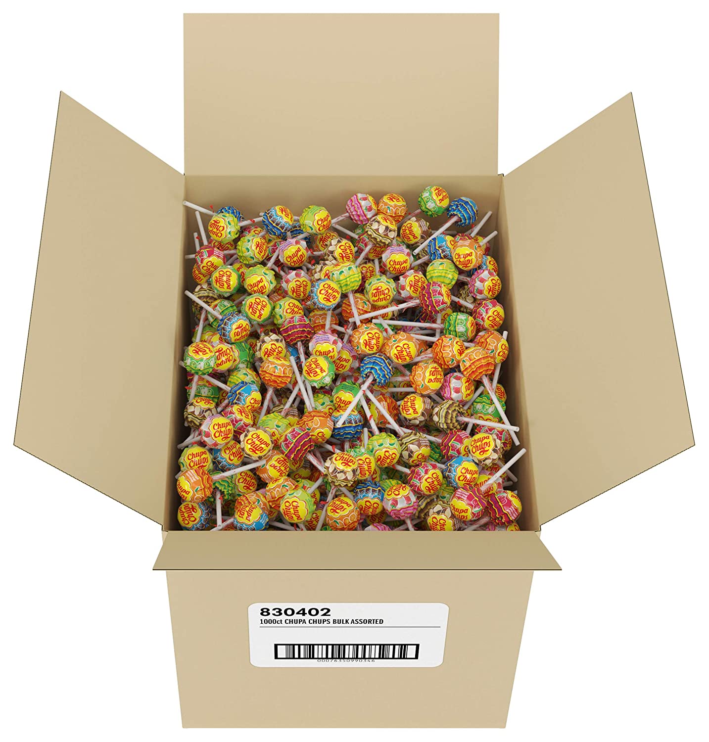 Open case of 1000 count Chupa Chups lollipops