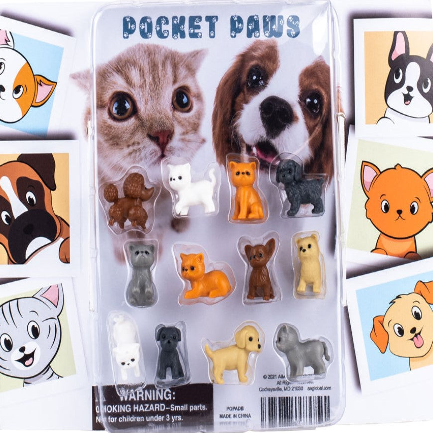 Cartoon dog and cat display card for Pocket Paw figurines