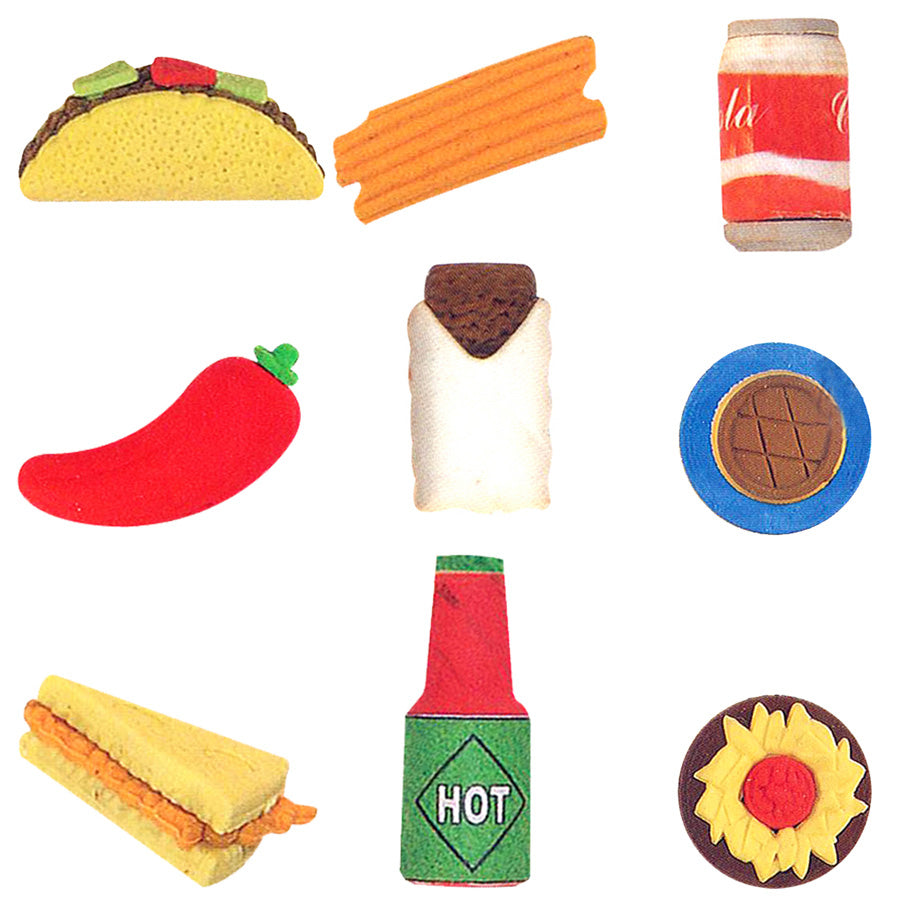 Close up view of cantina erasers toys: hot sauce, chili pepper, taco, churros, soda and more.
