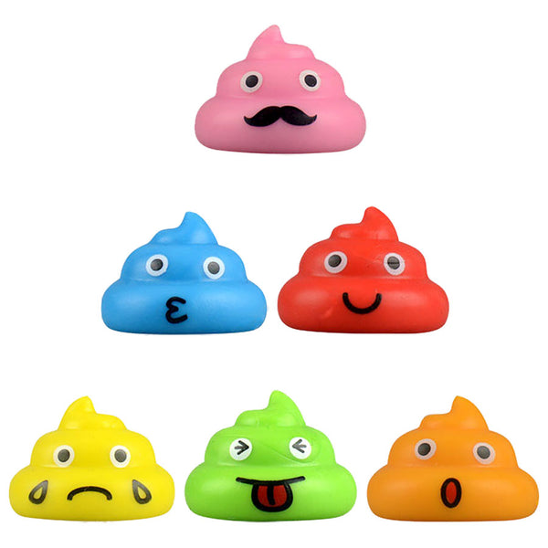 Poop-mojis displayed in the colors pink, blue, red, yellow, green and orange 