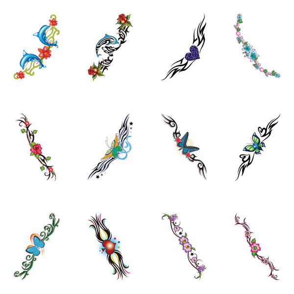 Close up view of 12 different designs of Arms and Ankle tattoos