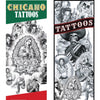 Front and back view of Chicano temporary tattoo display card