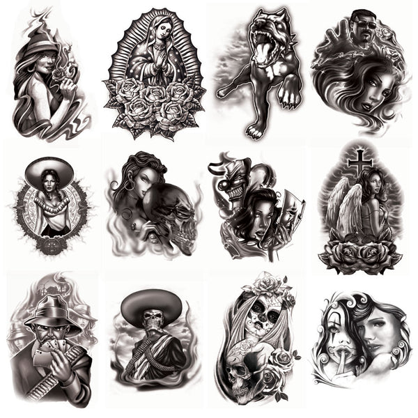 Close up of view of 12 different Chicano temporary tattoo characters