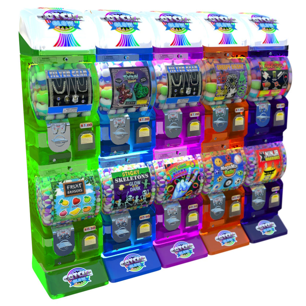 5 column Gotcha Glow toy capsule vending machine system in translucent colors: purple, pink, orange, green, and blue