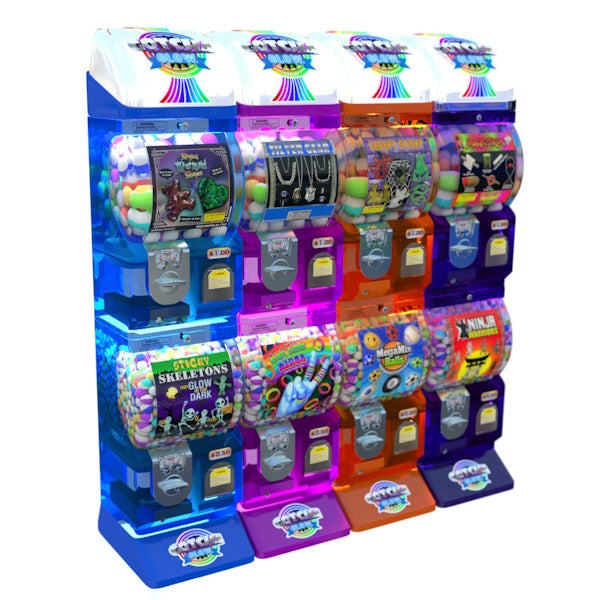 4 column Gotcha Glow toy capsule vending machine system in translucent colors: purple, pink, orange, green, and blue