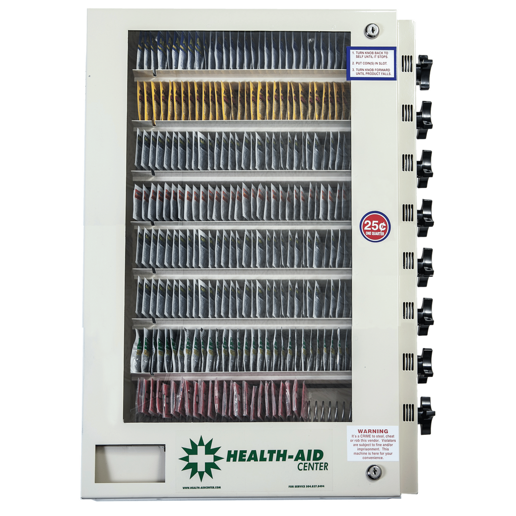 Front view of wall mount Health Aid 8 selection medicine vending machine