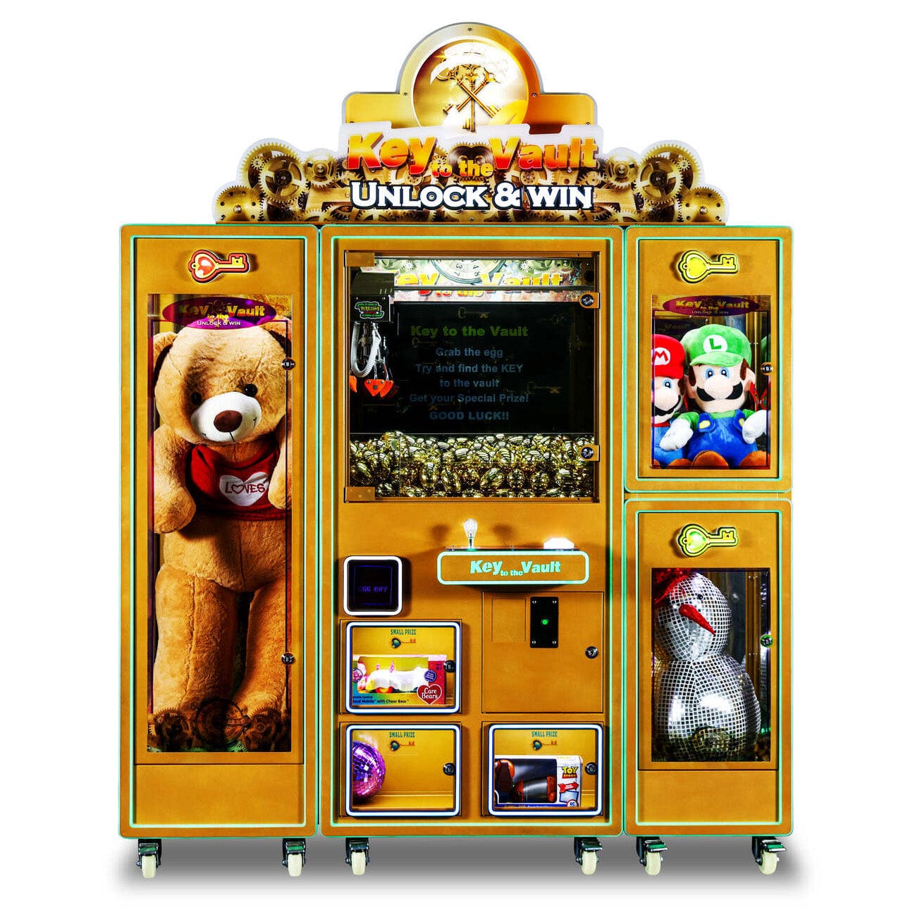Key to the Vault Deluxe Crane Machine w/ Dual Side Boxes Front Side Angle Product Image