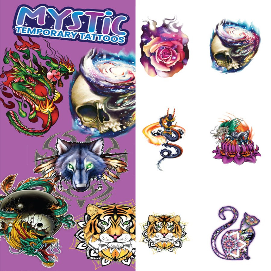 Purple display card for mystic temporary tattoos