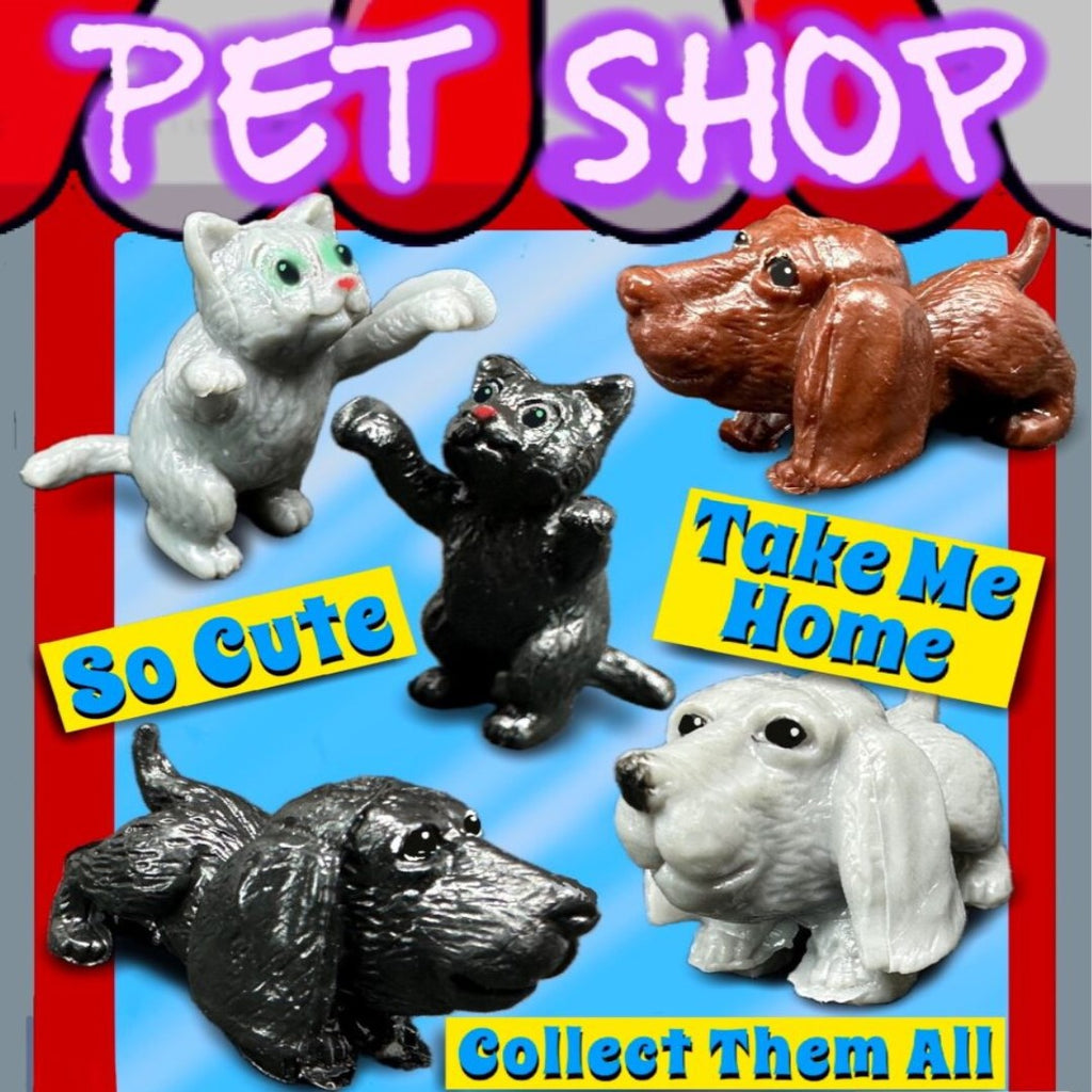 Pet shop display card with cute cats and dogs.