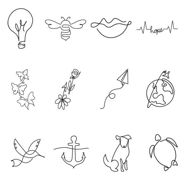 Close up of single line tattoos in 12 designs 
