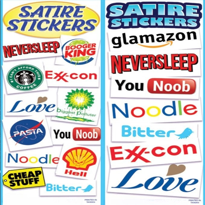 satire sticker display card front and back