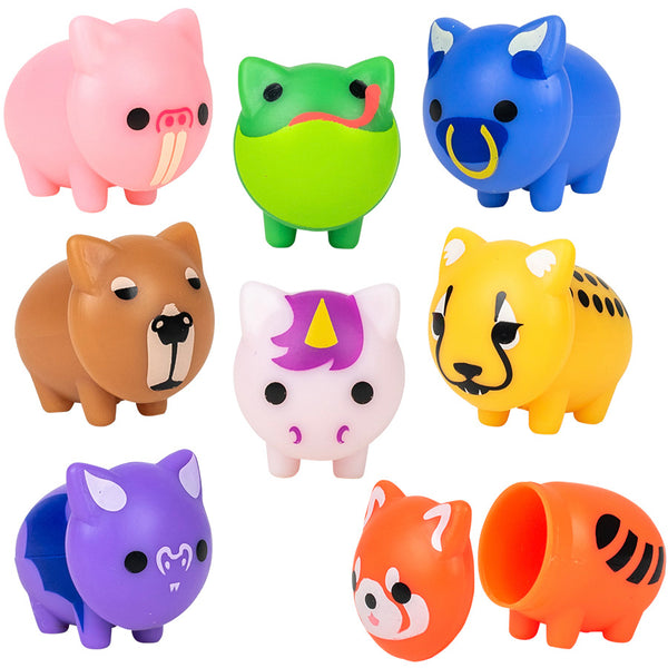 close up view of pig, unicorn, bat, cheetah, capybara, bull and red panda