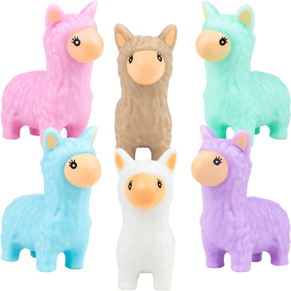 Close up of the alpaca in the colors pink, brown, aqua, blue, white and purple