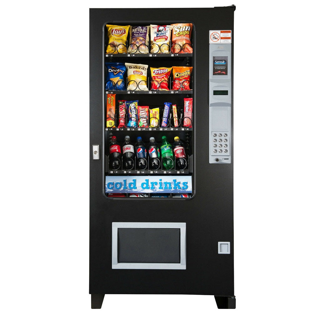 Front view of AMS 35 Drink and Snack combination vending machine in black