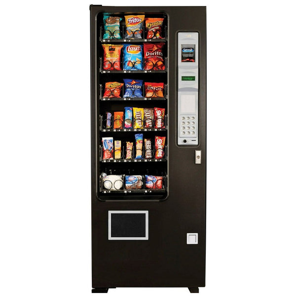Front view of a black Slim Gem snack vending machine by AMS