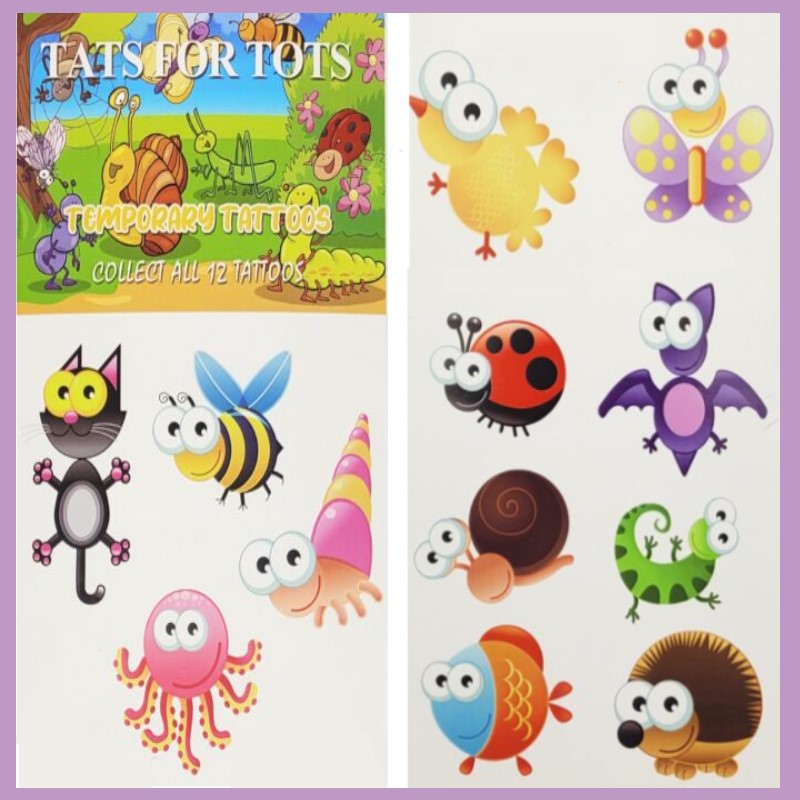 temporary tattoos for tots with cats , bees, fish and much more