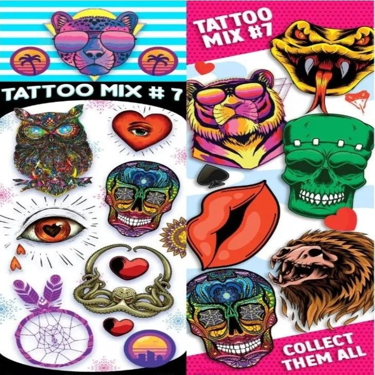close view of tattoo mix 7 of 12 different  temporary tattoos 