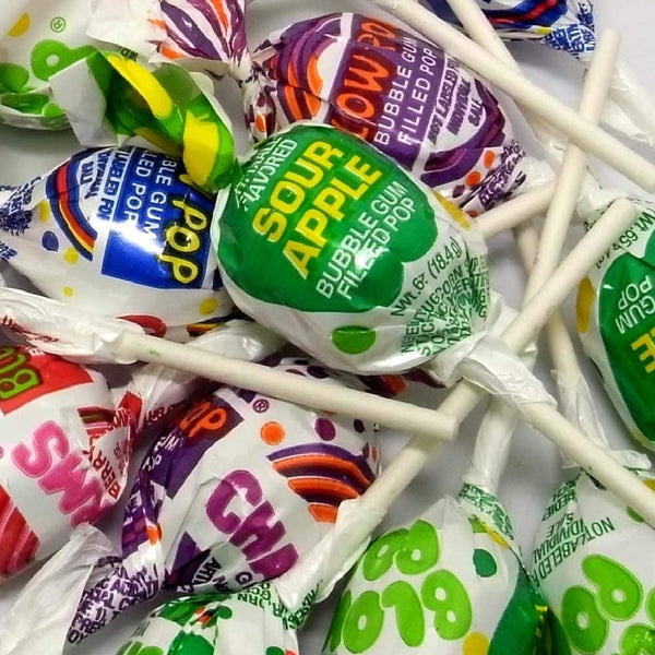 Close up view of Charms Blow Pops suckers label