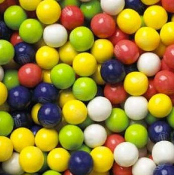 Close up view of Dubble Bubble brand Tropical Fruit bubble gumballs