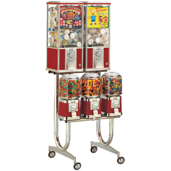 Beaver 5 head combination bulk vending machine on rolling stand