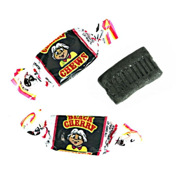 Close up of wrapped and unwrapped Albert's Black Cherry flavored chew candy