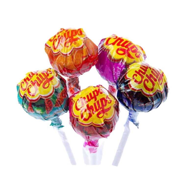 Close up view of 5 Chupa Chups lollipops