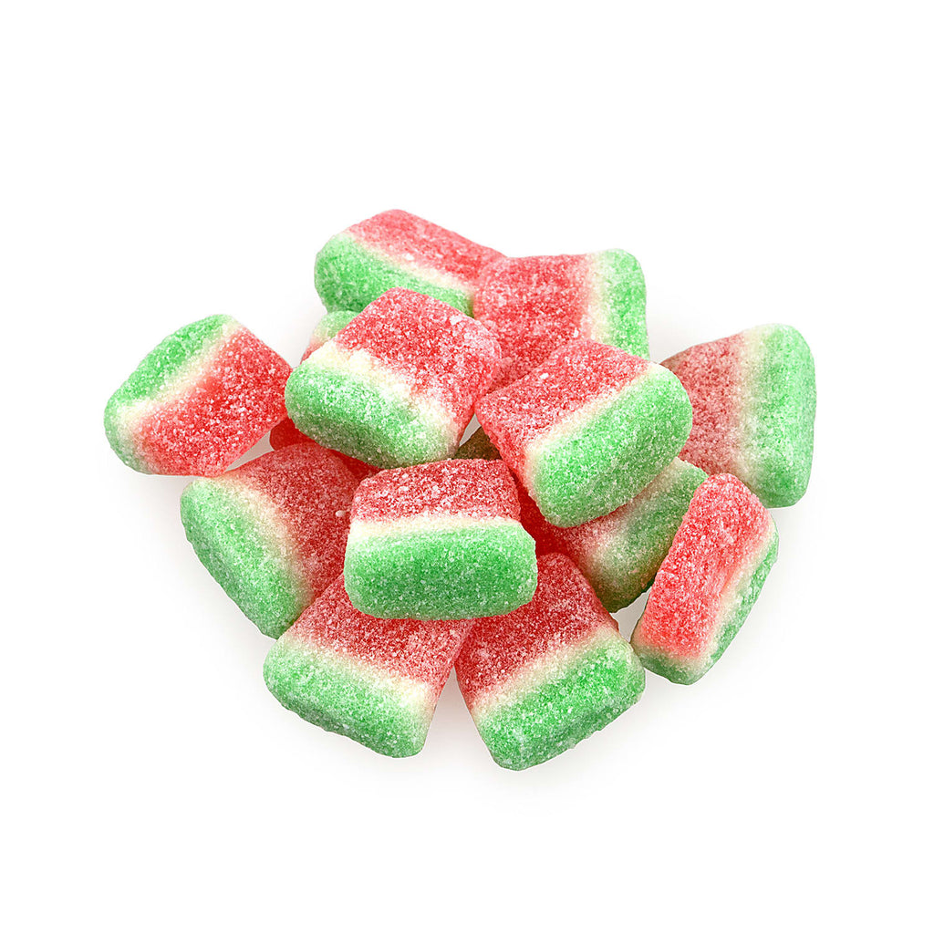 Close up view of Sour Jacks watermelon wedges chewy candies