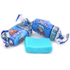 Close up of wrapped an unwrapped Alberts Blue Raspberry flavored chew candy