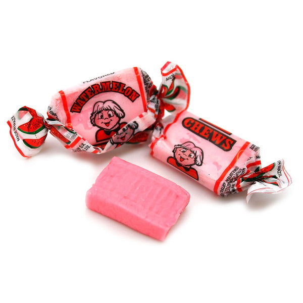 Close up of wrapped and unwrapped Albert's Watermelon flavored chew candy