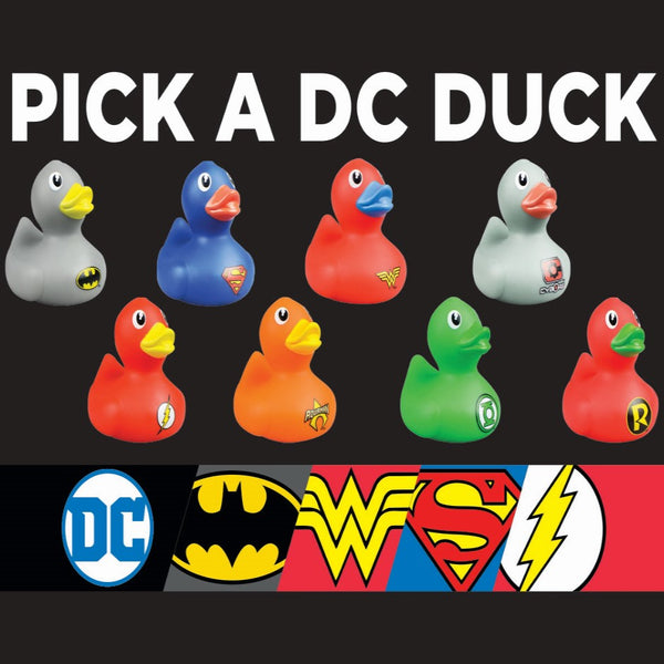 Display for DC Rubber Ducks in Batman, Superman, Wonder Woman, Flash, Aquaman, Green Lantern, Robin and Cyborg