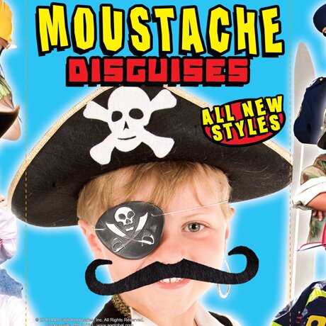 Cropped front view of the Moustache Disguises display card with powder blue background