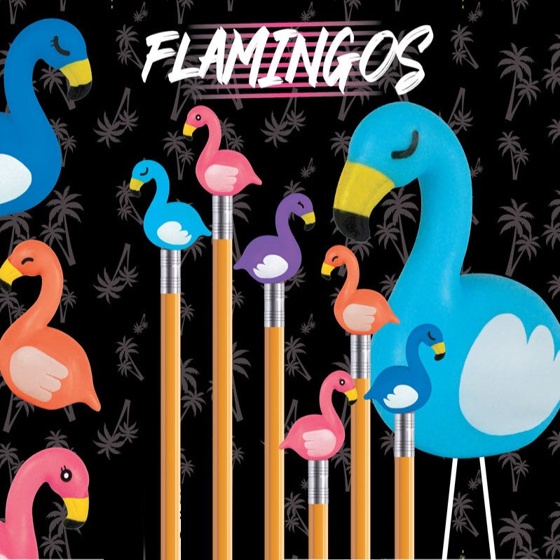 Black display card for Flamingo squishies on top of pencils