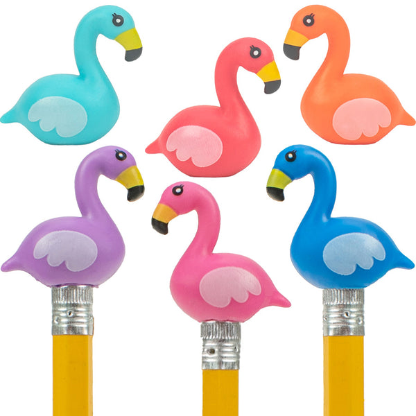 Close up view of Flamingo Pencil Toppers in the colors Light blue, Dark pink, orange, purple, light pink and dark blue.