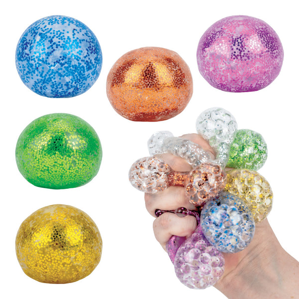 closeup of glitter bead balls in blue, orange, pink, green and yellow