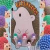 Cartoon hedgehogs display card with green, pink, purple, blue and brown hedgehogs