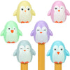 Penguin Squishies pencil toppers displayed on top of pencil in the color yellow, pink, green, purple, blue and light blue.