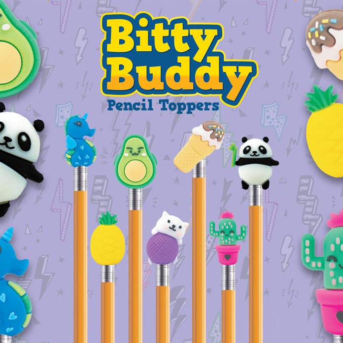 Purple colored display card for Bitty Buddy characters pencil toppers