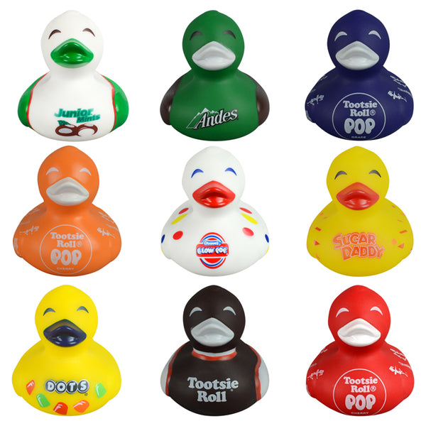 Front view of Tootsie Candy themed rubber duckies in 9 patterns
