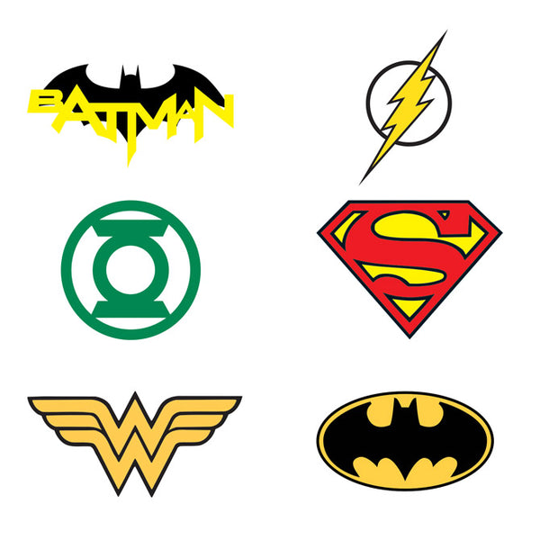 close up of the DC logo tattoos in Batman, Green lantern, Wonder Woman, Superman and The Flash